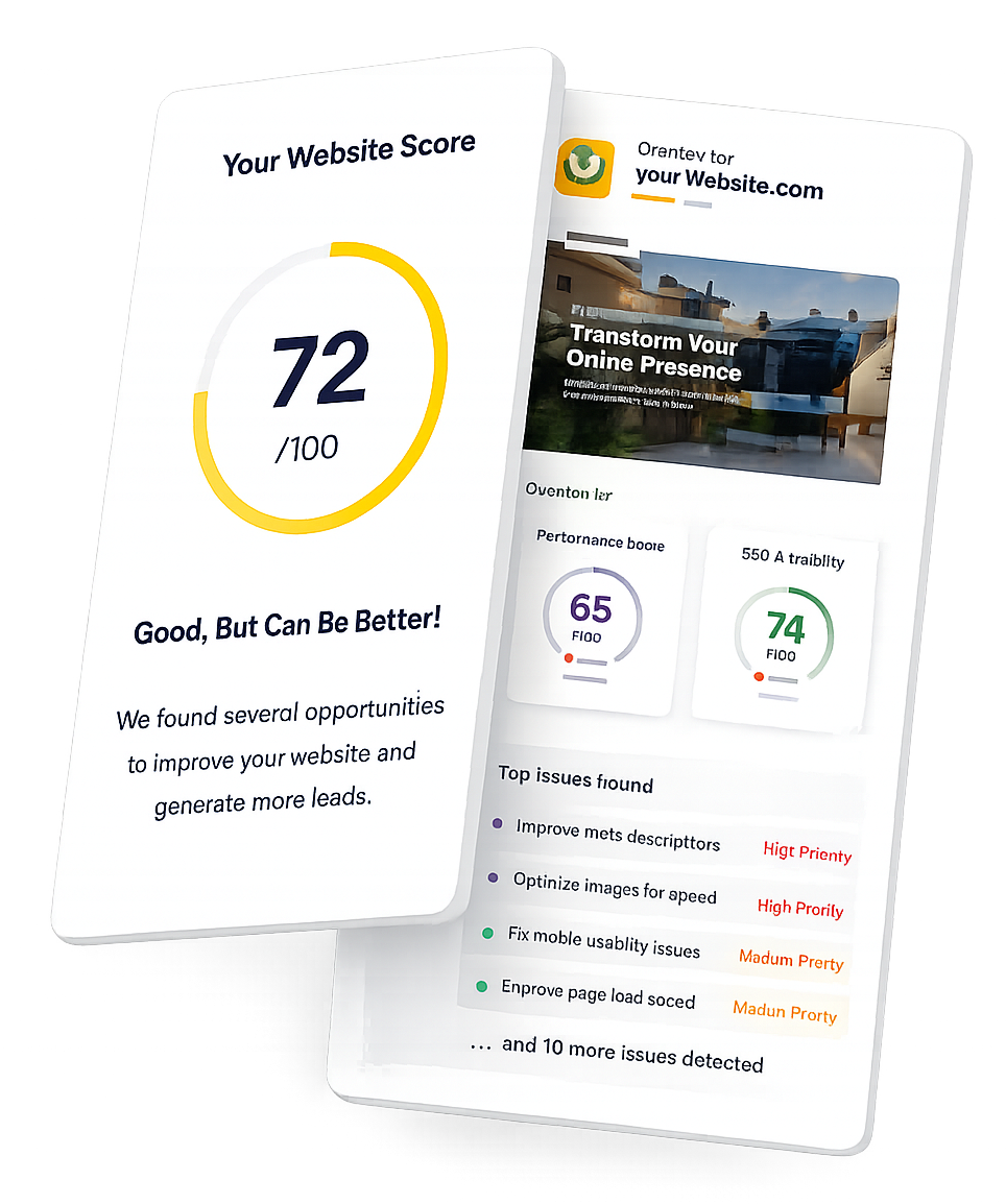 Sample website growth report showing a 72/100 website score, performance and visibility metrics and the top issues found